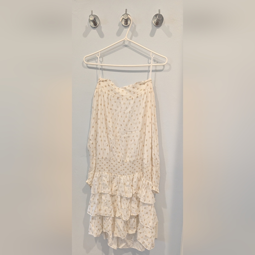 Michael Kors Cream with Gold Texture Off Shoulder Ruffled Dress